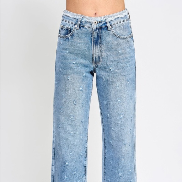High Rise Dad Jeans W/ Fringe Waistband Detail - Picture 2 of 5
